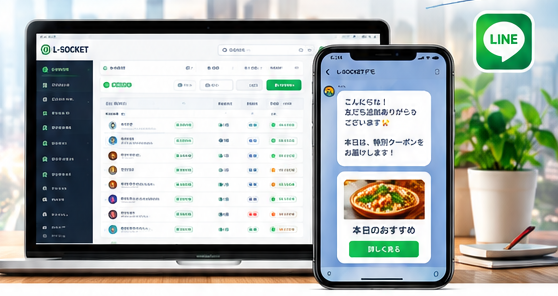 L-SOCKETの管理画面と、LINEのトーク画面のイメージ