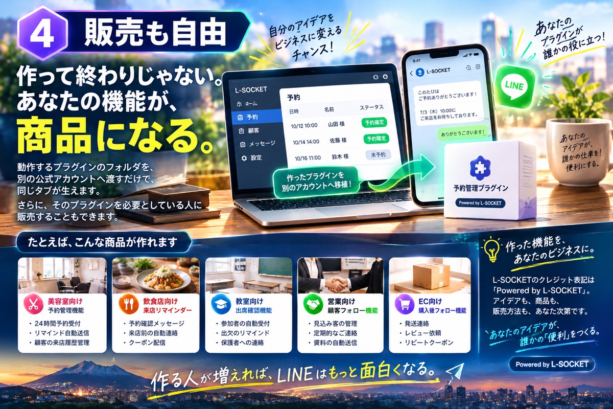 作ったプラグインをお客様の公式アカウントへ渡して、商品にするイメージ